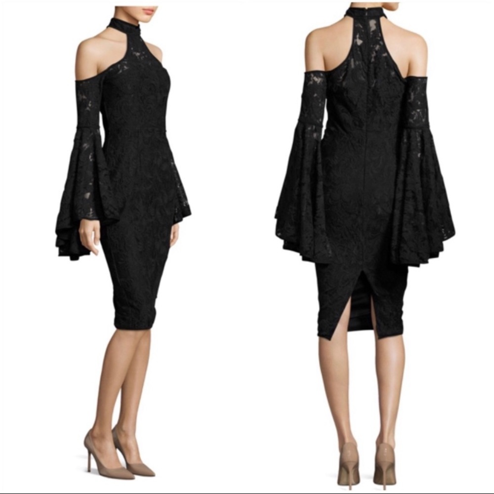Misha Collection Black Lace Dress Halter Bell Sleeve Cocktail Formal Size 10